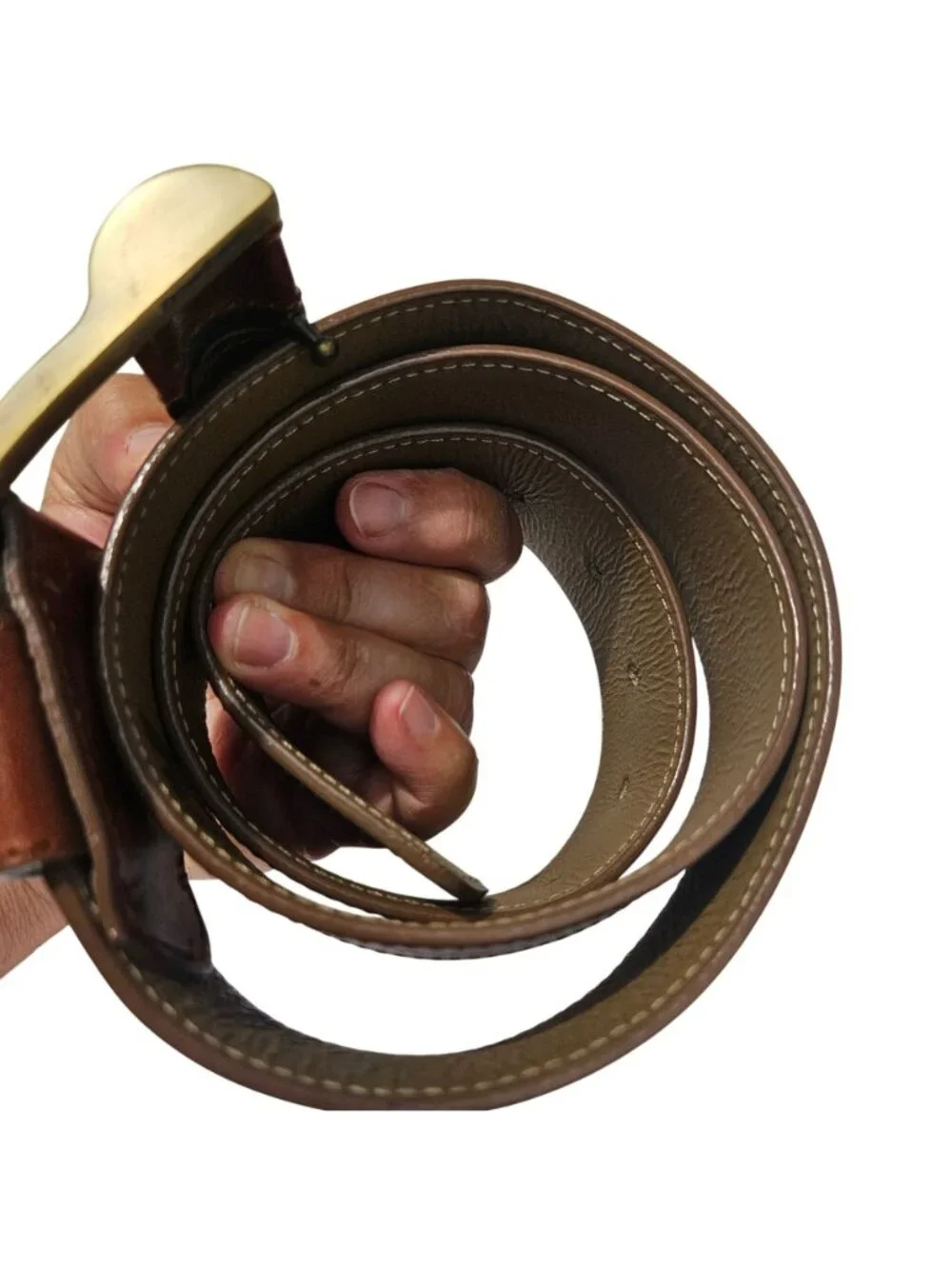 DKNY Donna Karan Wide Brown Leather Belt Brass Buckle Italy Sz L 31-36